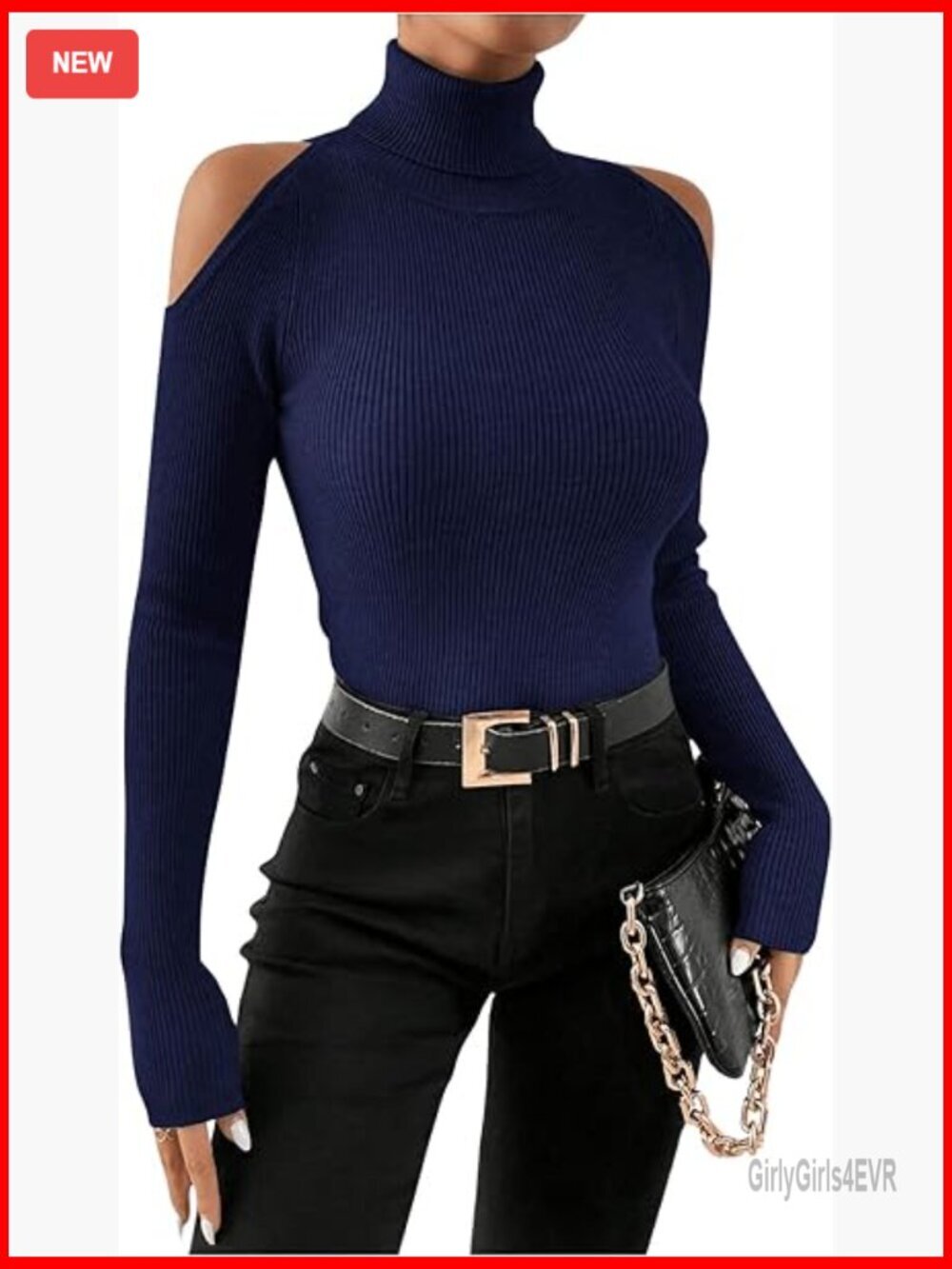 Cold Shoulder High Neck Sweater Long Sleeve Pullover Lightweight Ribbed Knit